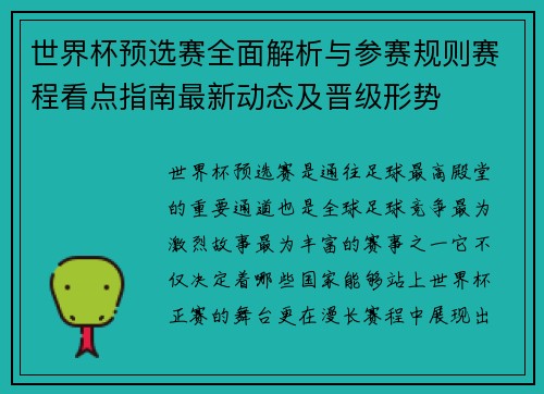 世界杯预选赛全面解析与参赛规则赛程看点指南最新动态及晋级形势