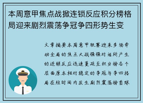 本周意甲焦点战掀连锁反应积分榜格局迎来剧烈震荡争冠争四形势生变