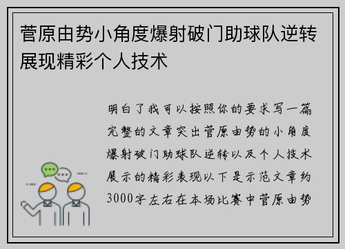 菅原由势小角度爆射破门助球队逆转展现精彩个人技术 菅原由势小角度爆射破门助球队逆转展现精彩个人技术